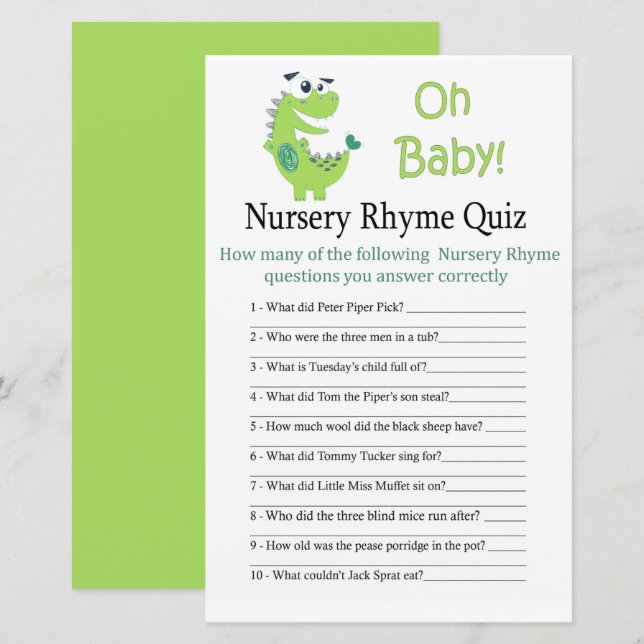 Grönt Dinosaur Nursery Rhyme Quiz babyduschspel (Fram/baksida)
