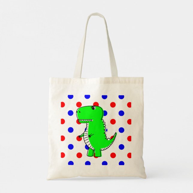 Grönt Dinosaur Red Blue Polka dots Tote Bag Tygkasse (Baksida)
