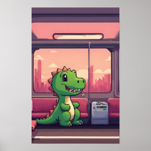 Grönt Dinosaur Riding the Tåg vid Sunset Poster