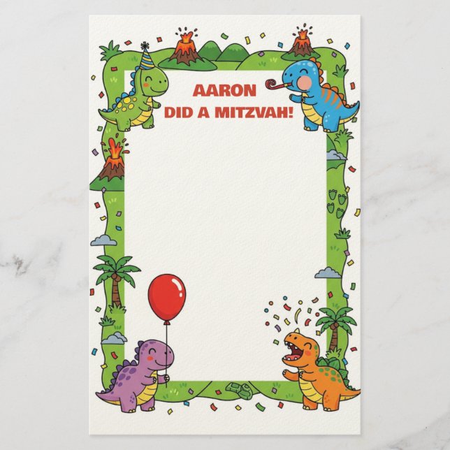 Grönt Dinosaur Thmet Personal Namn Mitzvah Note Brevpapper (Framsida)