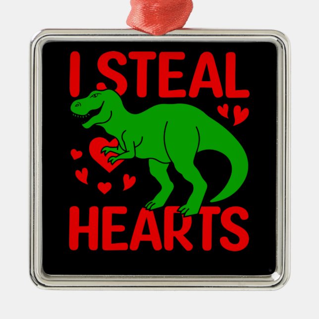 Grönt Dinosaur Valentine I Steal Hearts Julgransprydnad Metall (Framsidan)