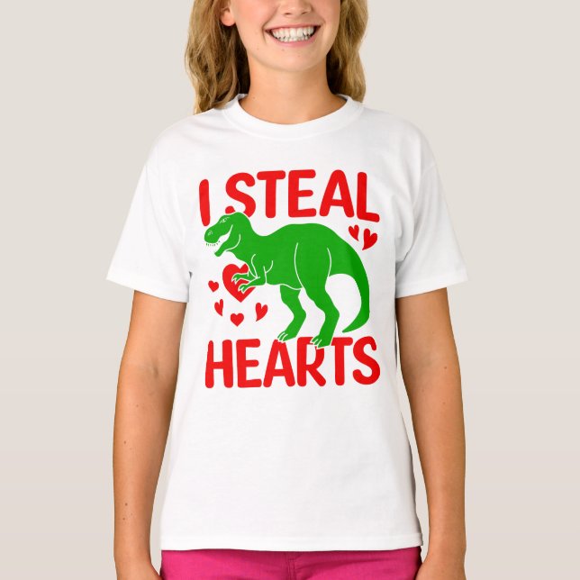 Grönt Dinosaur Valentine I Steal Hearts T Shirt (Framsida)
