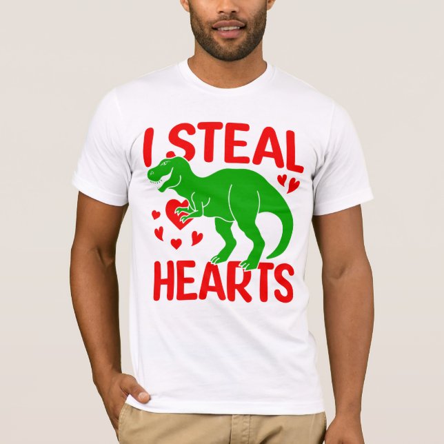 Grönt Dinosaur Valentine I Steal Hearts T Shirt (Framsida)