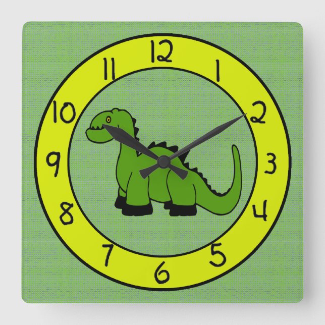 Grönt Dinosaur Wall Clock-för barn Fyrkantig Klocka (Framsida)