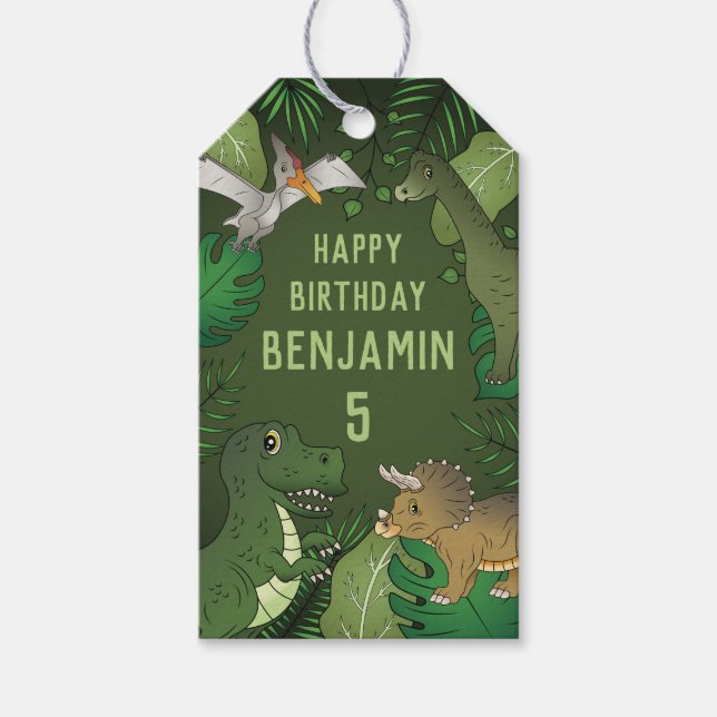 Grönt dinosaurier Barns födelsedag med Namn och ål Presentetikett (Framsidan)