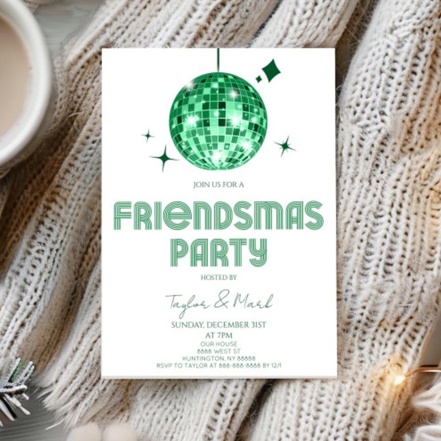 Grönt Disco Boll Cheers Friendsmas Party Inbjudningar (Skapare uppladdad)