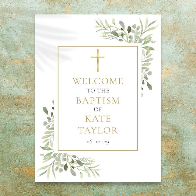 Grönt dop välkomstskylt poster (Greenery Baptism Christening Welcome Sign)