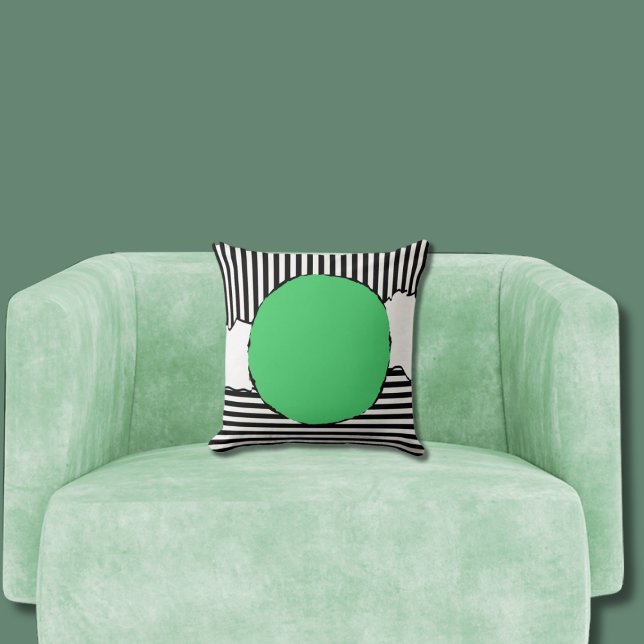 Grönt Dot för Modern Black & White Rand Kudde (Green Centered Circle Pillow)