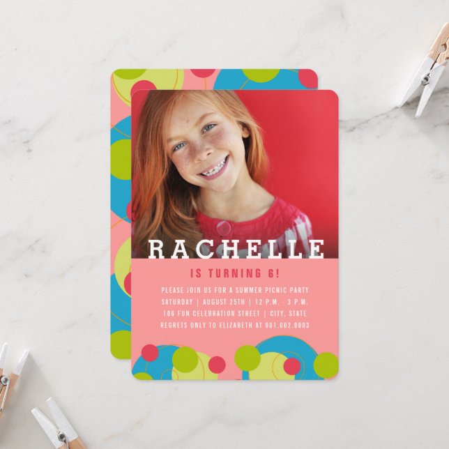 Grönt Dots Bubbles Kid Photo Girl's Födelsedagsfes Inbjudningar (Fram/Back In Situ)