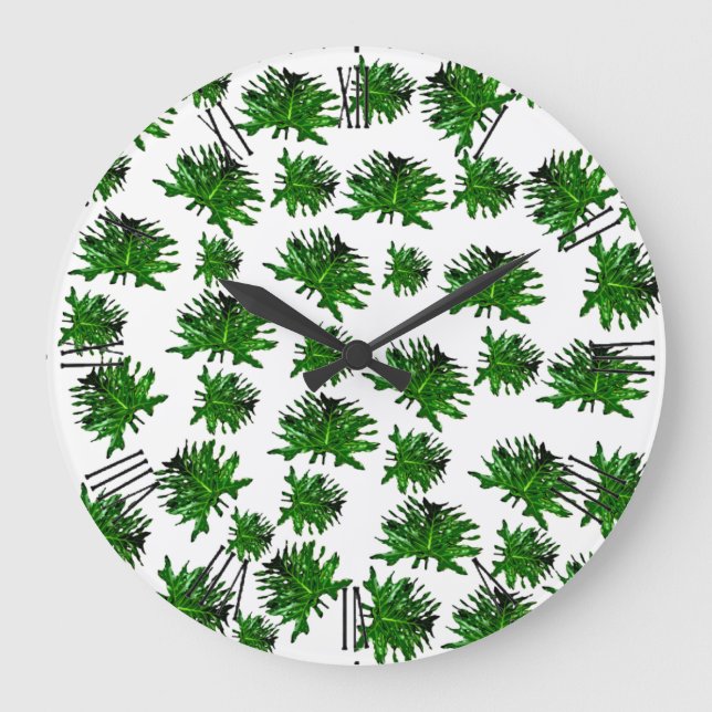 Grönt Dracaena Fern Löv, Wall Clock Stor Klocka (Framsida)