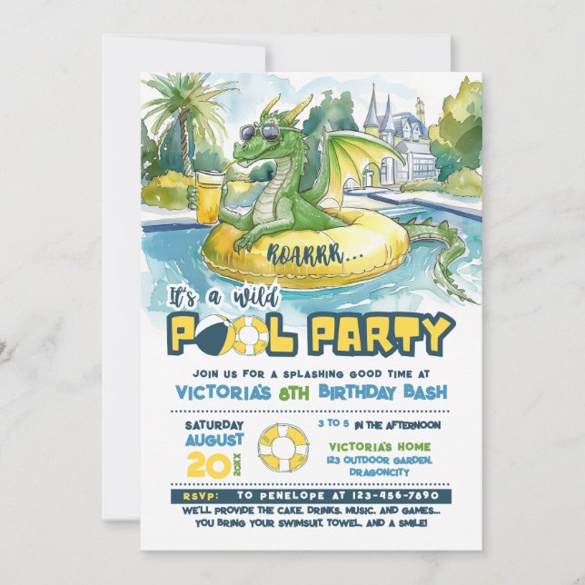 Grönt Dragon Bassäng Party födelsedag Inbjudningar (Framsida)