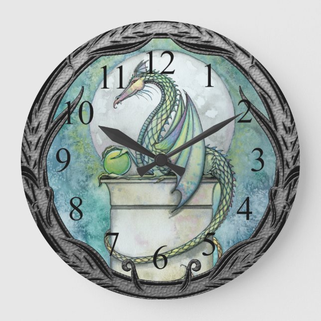 Grönt Dragon Fantasy Art Wall Clock Stor Klocka (Framsida)