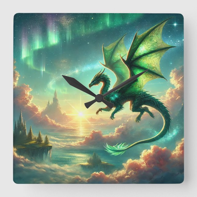 Grönt Dragon Fyrkantig Klocka (Framsida)