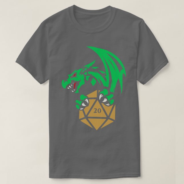 Grönt Dragon med D20 Dice Tabletop RPG-spel T Shirt (Design framsida)