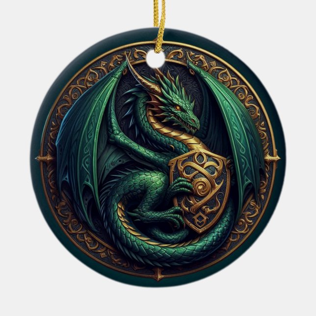Grönt Dragon med Shield Julgransprydnad Keramik (Framsidan)