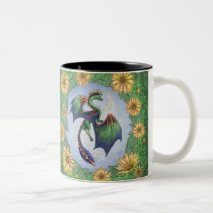 Grönt Dragon of Summer Nature Fantasy Art Två-Tonad Mugg
