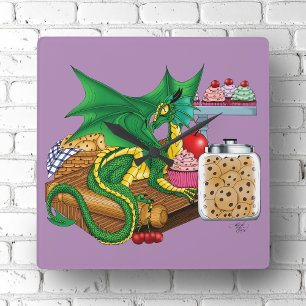 Grönt Dragon Pastry Chef Fyrkantig Klocka