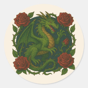Grönt Dragon Röd ros Runt Klistermärke