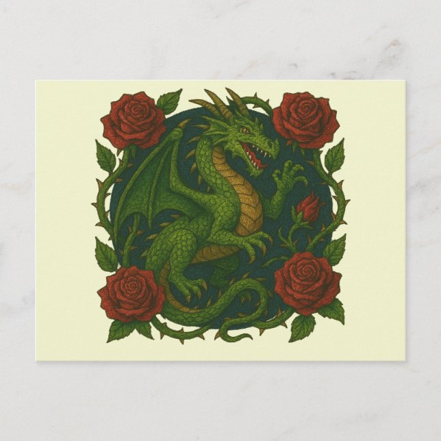 Grönt Dragon Röd ros Vykort (Framsida)