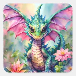 Grönt Dragon Rosa Vingar Blommigt Vattenfärg Fyrkantigt Klistermärke
