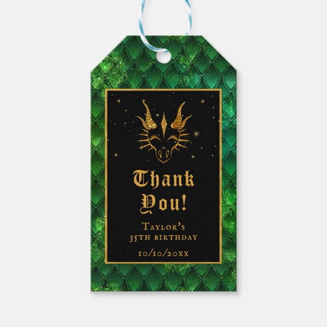 Grönt Dragon Scales Guld Birthday Tack Presentetikett (Framsidan)