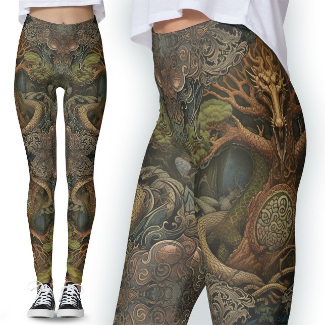 Grönt Dragon Tattoo Leggings: Celtic Viking Art Leggings (Skapare uppladdad)
