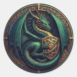 Grönt Dragon w/ Shield Runt Klistermärke