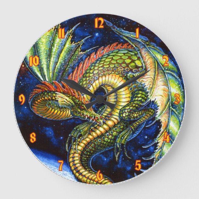 Grönt Dragon Wall Clock Stor Klocka (Framsida)