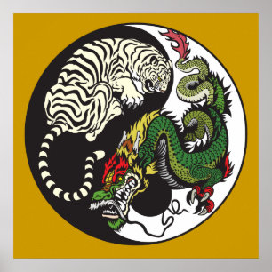 grönt drake och symbol för vit tiger yin yang poster