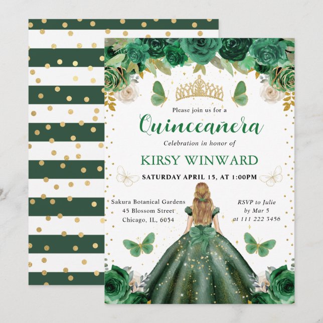 Grönt Dress Blonde Princess Quinceanera Inbjudningar (Fram/baksida)