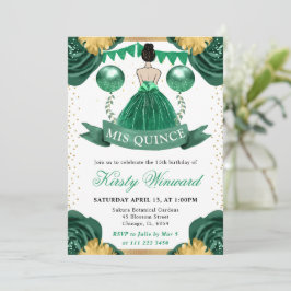 Grönt Dress Brunette Hair Princess Quinceanera Inbjudningar