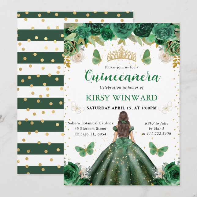 Grönt Dress Brunette Princess Quinceanera Inbjudningar (Fram/baksida)