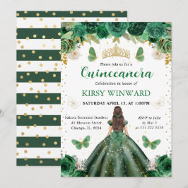 Grönt Dress Brunette Princess Quinceanera Inbjudningar