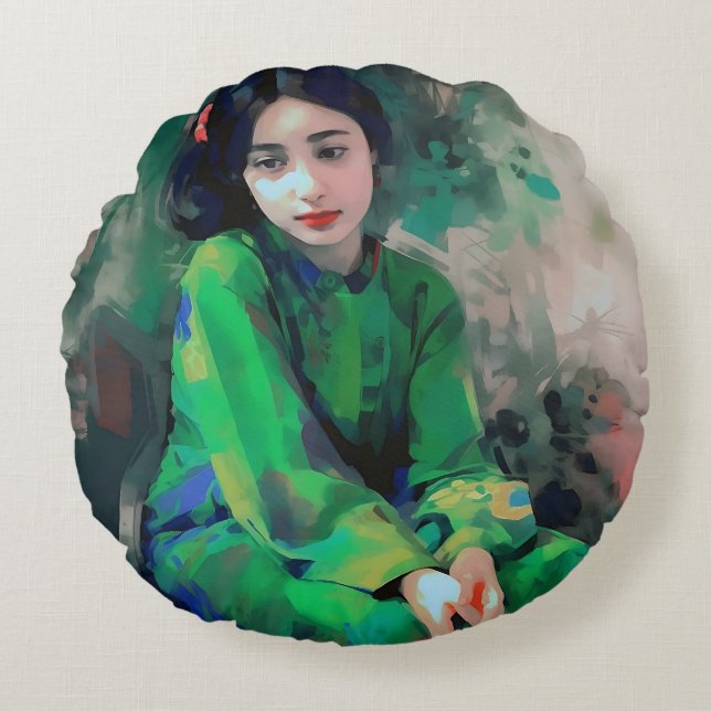 Grönt Dress för flicka Rund Kudde (Framsidan)