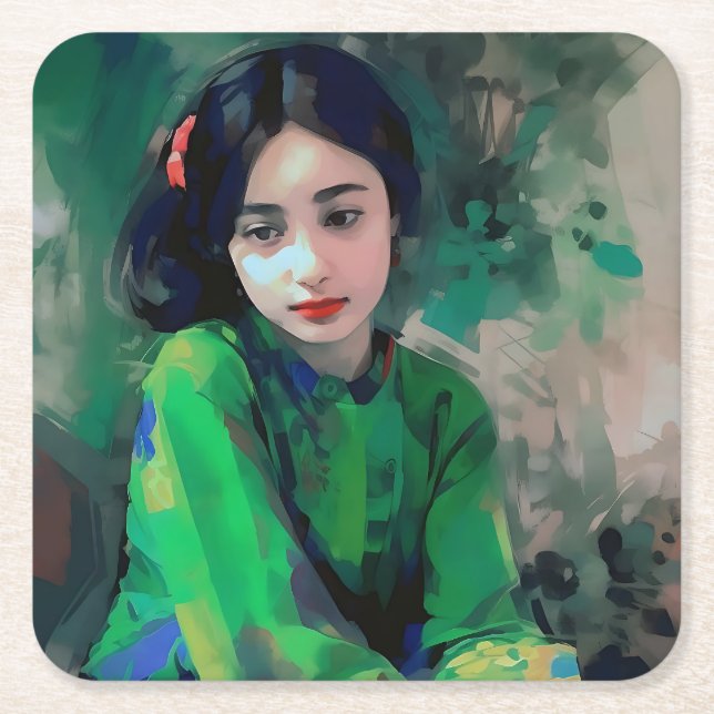 Grönt Dress för flicka Underlägg Papper Kvadrat (Framsidan)