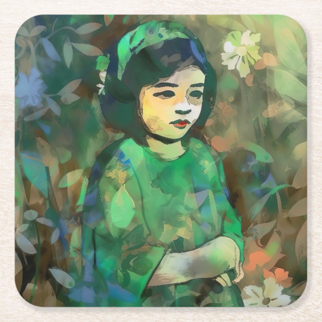 Grönt Dress för flicka Underlägg Papper Kvadrat (Framsidan)