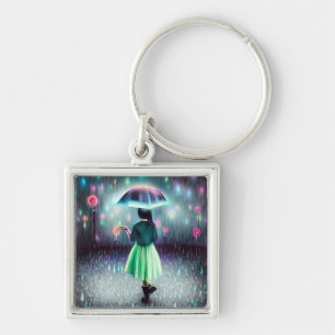 Grönt Dress Girl in Rain Fyrkantig Silverfärgad Nyckelring