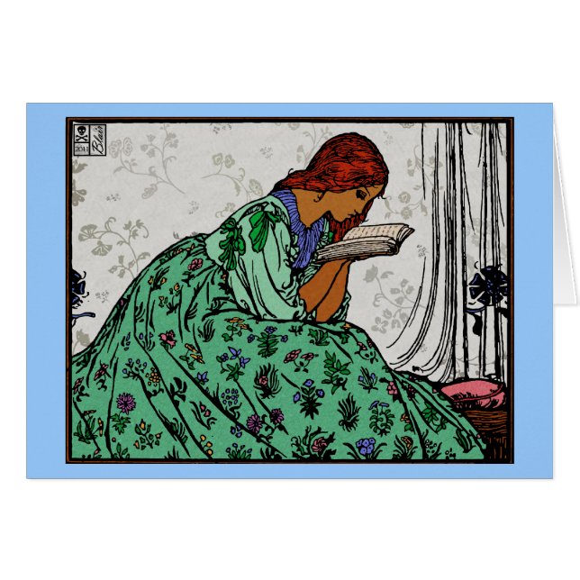Grönt Dress Läsa kvinnlig klassisk illustration Hälsningskort (Framsidan Horizontal)