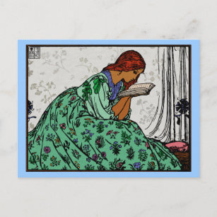 Grönt Dress Läsa kvinnlig klassisk illustration Vykort