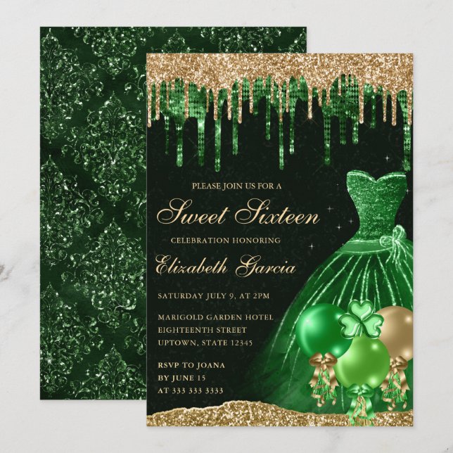 Grönt Dress och Guld-Glitter Sweet 16 Inbjudningar (Fram/baksida)