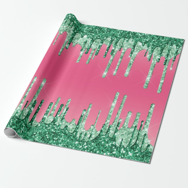 Grönt Drickning Glitter Chic Rosa Watermelon Färg Presentpapper (Utrullad)