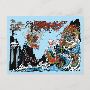 Grönt Dron och Feng Huang. Illustration Vykort