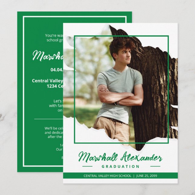 Grönt Edgy Abstrakt Torn Photo Studenten Inbjudningar (Fram/baksida)