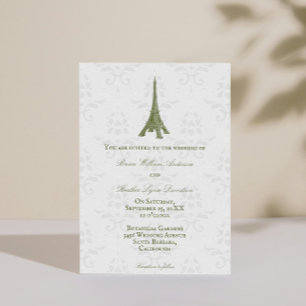 Grönt Eiffel Torn Damask bröllopsinbjudan Inbjudningar