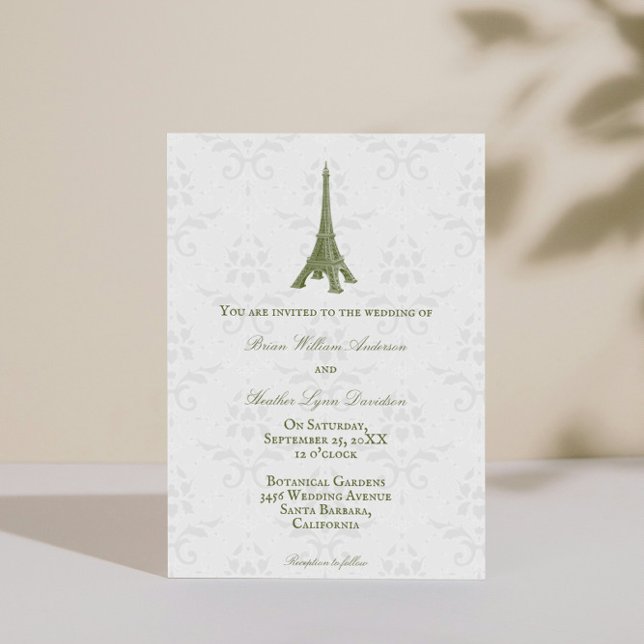 Grönt Eiffel Torn Damask bröllopsinbjudan Inbjudningar (Green Eiffel Tower Damask Wedding Invitation)