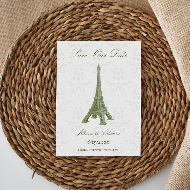 Grönt Eiffel Torn Damask sparar datum Meddelande (Green Eiffel Tower Damask Save the Date)