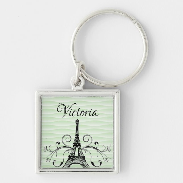 Grönt Eiffel Torn Flourish Square Keychain Fyrkantig Silverfärgad Nyckelring (Framsidan)