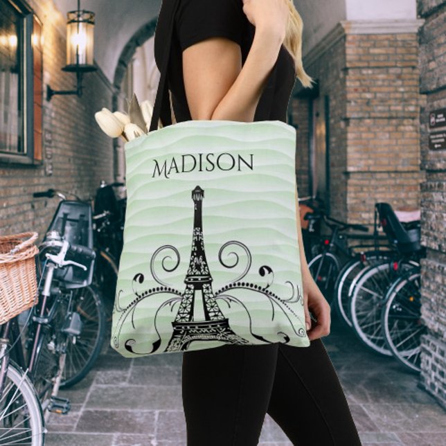 Grönt Eiffel Torn Flourish Tote Bag Tygkasse (Green Eiffel Tower Flourish Tote Bag)
