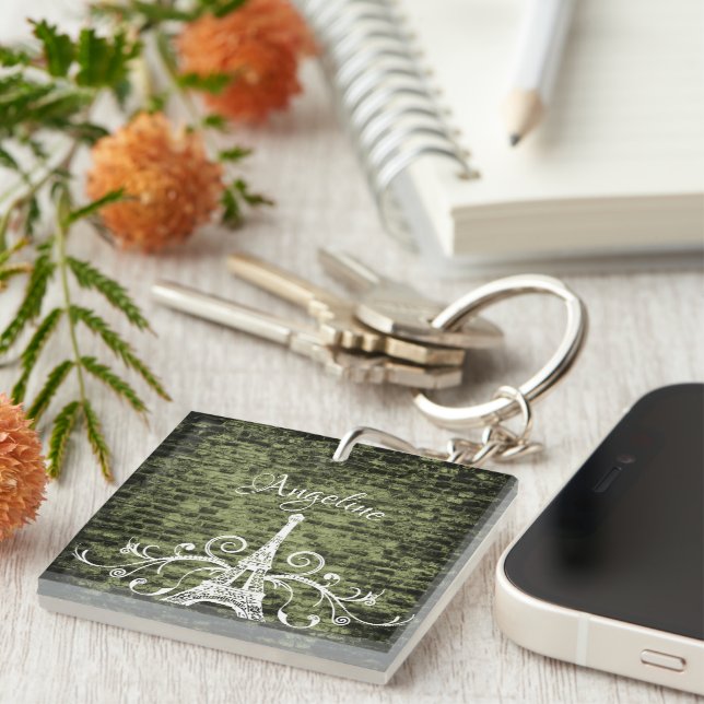 Grönt Eiffel Torn Grunge Keychain (Högra Framsidan)