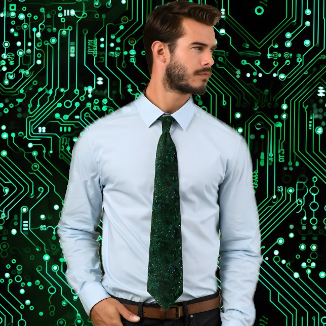 Grönt Electronic Circuit Board Mönster Neck Tie Slips (Man wearing Green Electronic Circuit Board Pattern Neck Tie stands against background matching tie.)